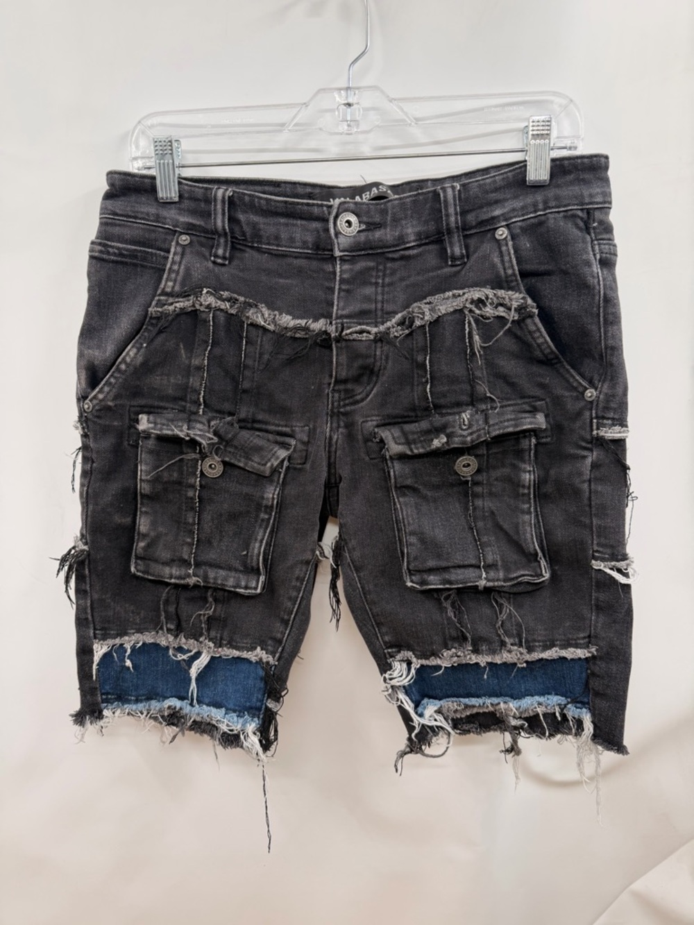Men’s Distressed Black Denim Cargo Shorts with Blue Patch Detail size 30
